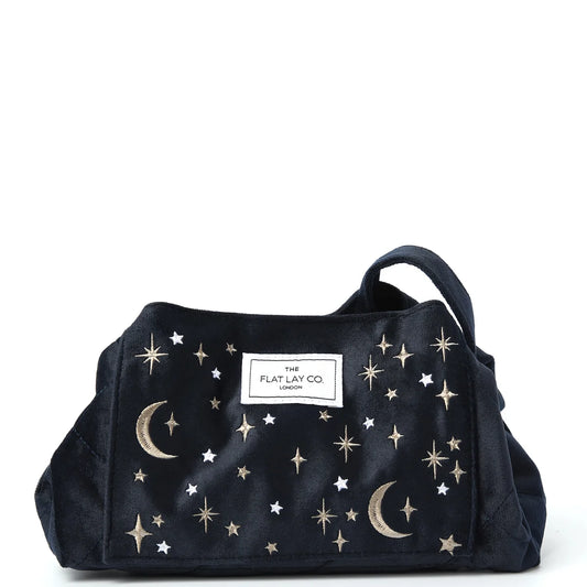 The Flat Lay Co. Drawstring Makeup Bag in Embroidered Celestial Blue Velvet