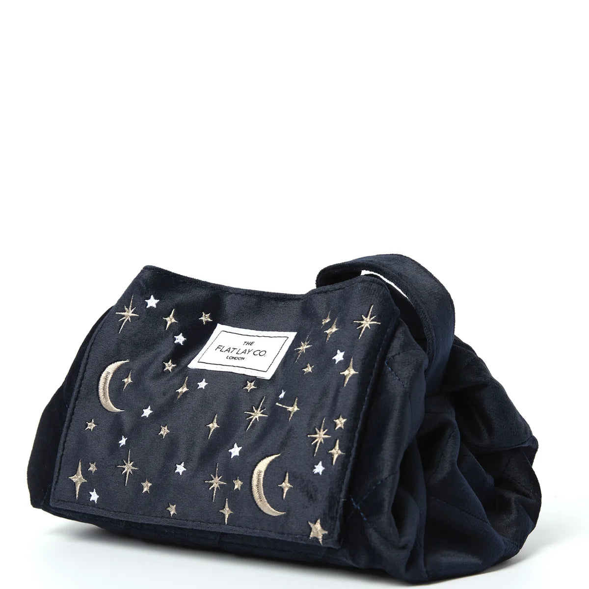 The Flat Lay Co. Drawstring Makeup Bag in Embroidered Celestial Blue Velvet