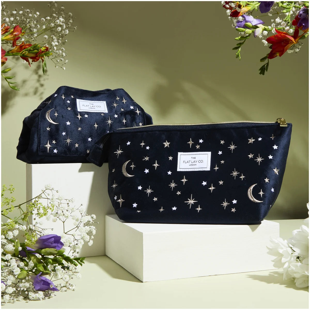 The Flat Lay Co. Drawstring Makeup Bag in Embroidered Celestial Blue Velvet