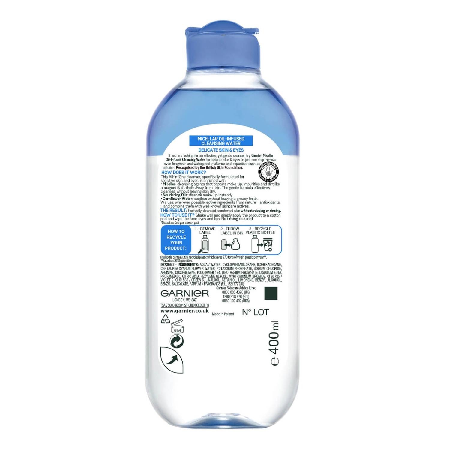 Garnier Micellar Water Facial Cleanser and Makeup Remover for Delicate Skin and Eyes 400ml