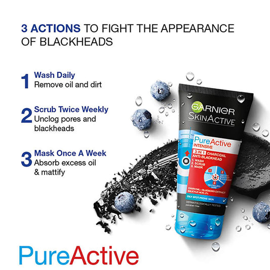 Garnier Pure Active 3in1 Charcoal Blackhead Mask Wash Scrub 150ml