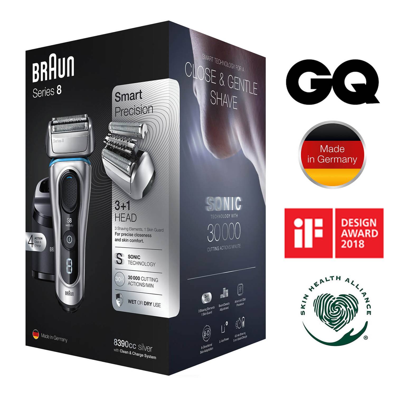 Braun Series 8 8390cc Next Generation, Electric Shaver, Clean&Charge Station, Fabric Case - Silver