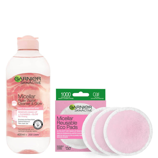 Garnier Makeup Remover Eco Pads and Rose Micellar Water Duo Set