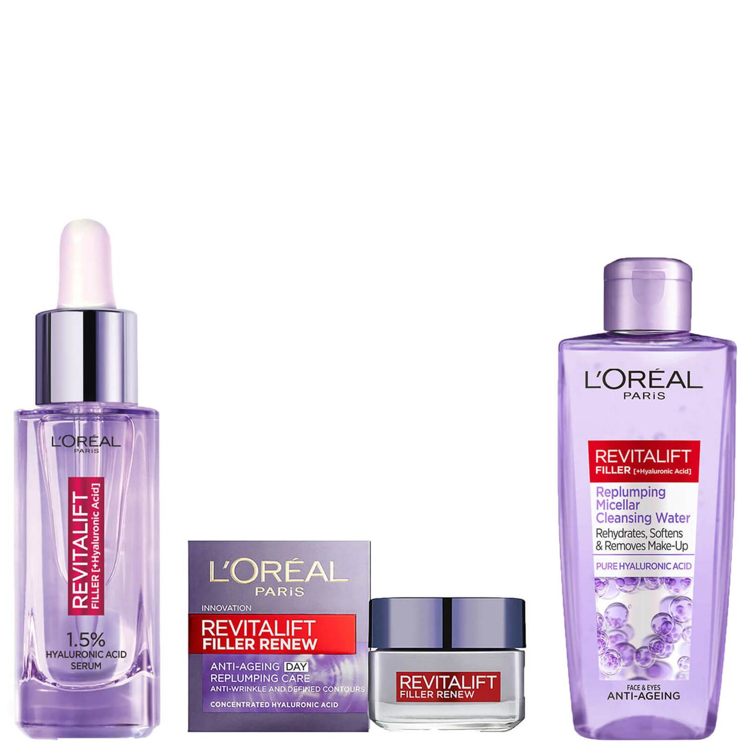 L'Oréal Paris Revitalift Filler Hyaluronic Serum, Day Cream and Micellar Water Bundle