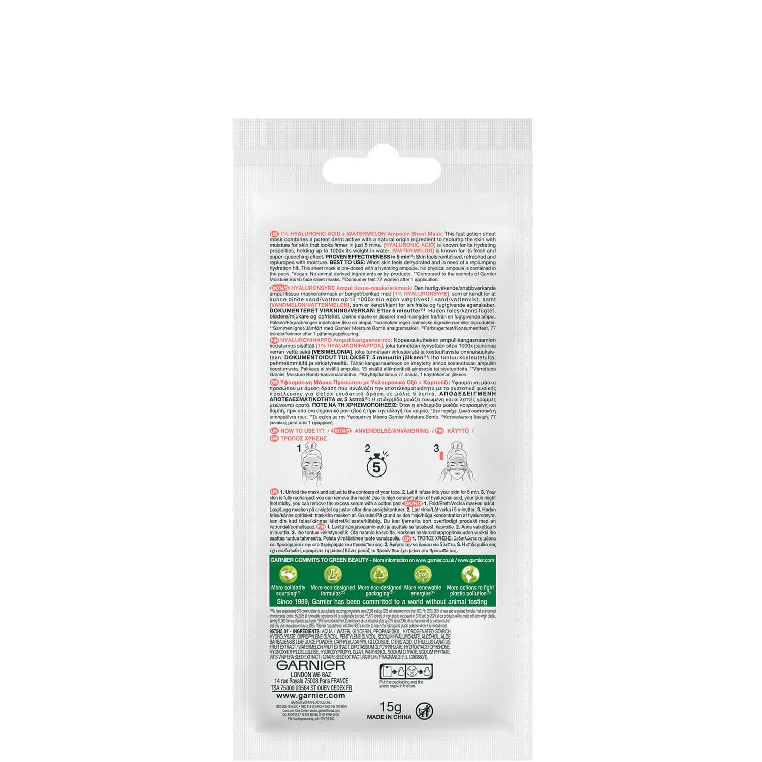 Garnier SkinActive Firming Ampoule Sheet Mask - Watermelon and 1% Hyaluronic Acid 15g