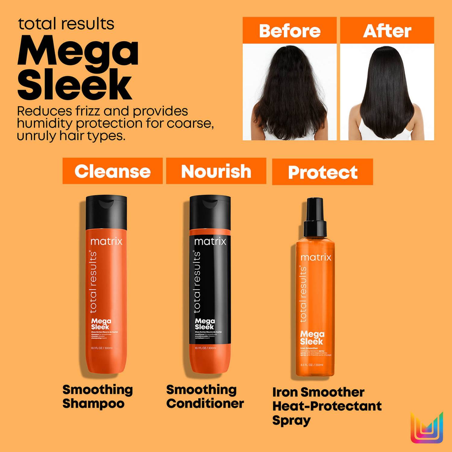 Matrix Mega Sleek Shea Butter Smoothing Shampoo, Conditioner and Iron Smoother Heat Protection Routine for Frizzy Hair