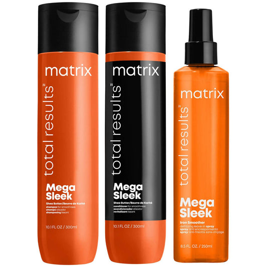 Matrix Mega Sleek Shea Butter Smoothing Shampoo, Conditioner and Iron Smoother Heat Protection Routine for Frizzy Hair