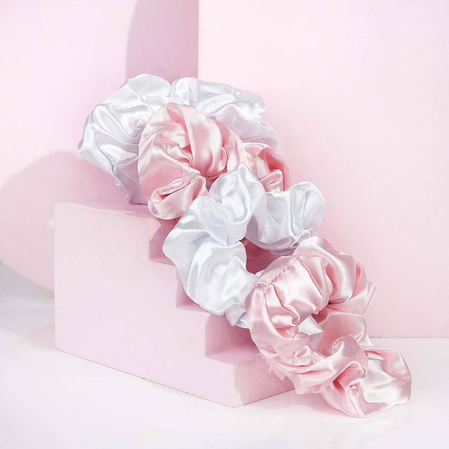 brushworks Pink and White Satin Scrunchies (Pack of 4)