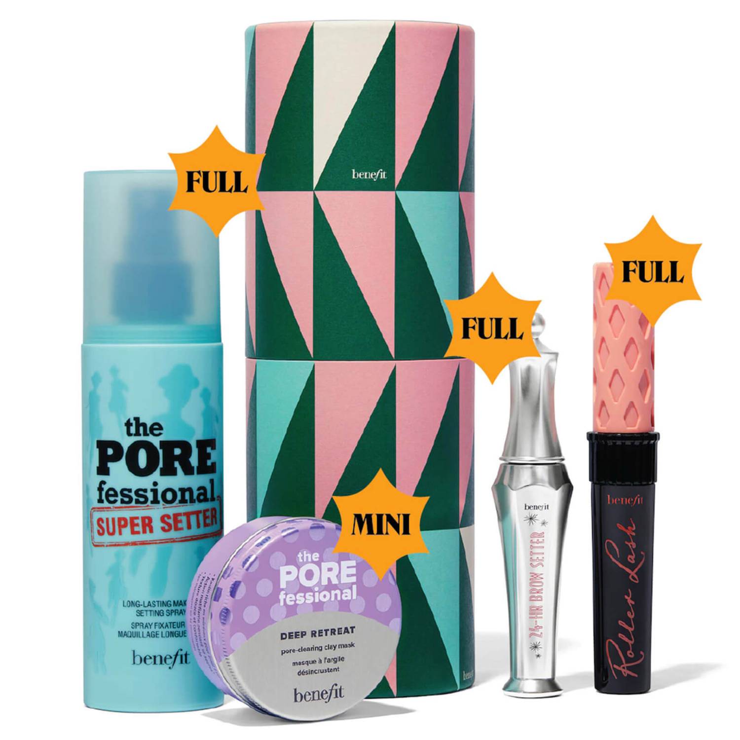 benefit Good Times Gorgeous Roller Lash Mascara, 24hr Brow Setter, Setting Spray and Face Mask Gift Set (Worth £95.50)