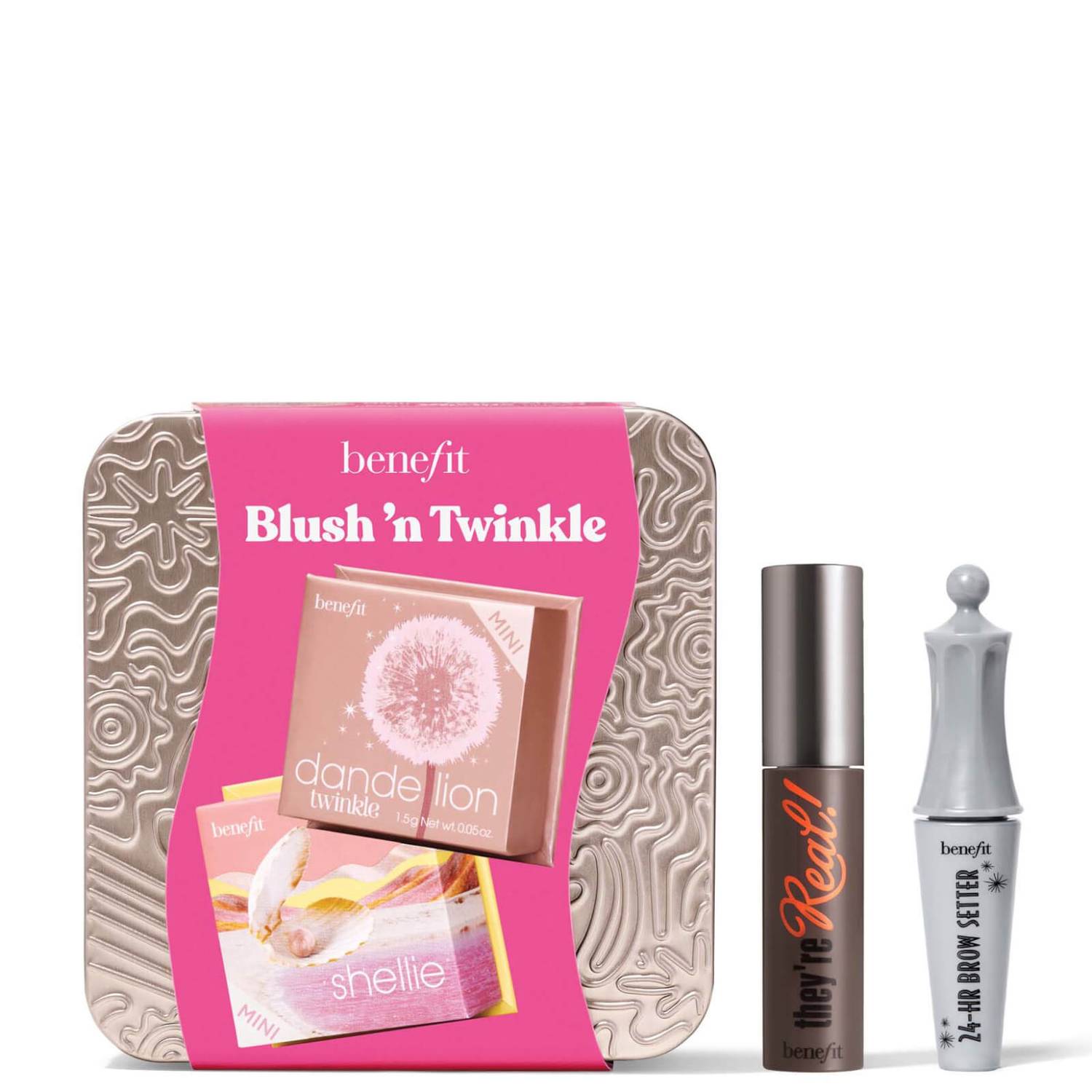 benefit Blush 'n Twinkle Blusher and Highlighter Gift Set, They're Real Mascara 3g and 24 HR Brow Setter 2ml (Worth £47.00)